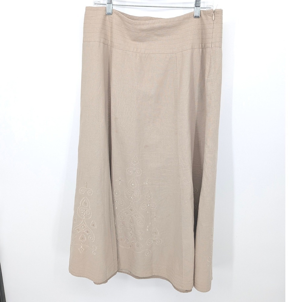 Hillard & Hanson Maxi Skirt Womens 12 Tan Linen Blend Embroidered Beaded Boho‎